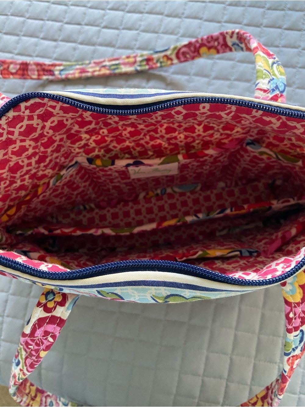 Vera Bradley Pink Floral Quilted Tote with Navy Trim